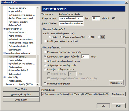 thunderbird - nastavení serveru