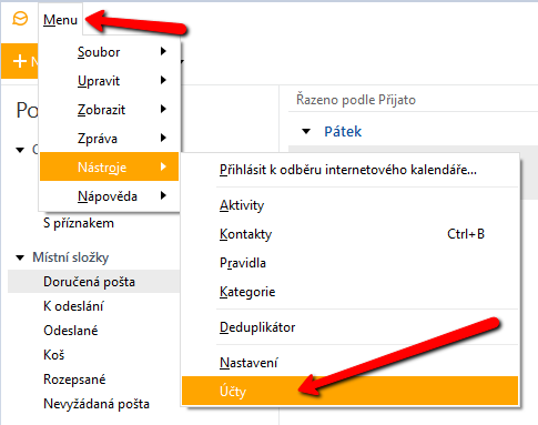 Menu->Nástroje->Účty