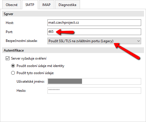 Nastavení serveru odchozí pošty