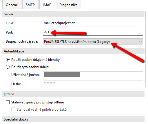 Nastavení serveru příchozí pošty