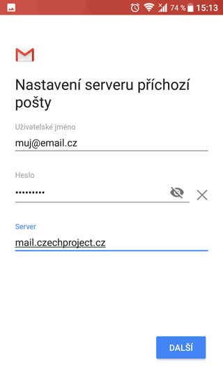 Vyplníme server příchozí pošty