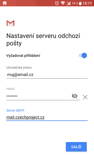 Vyplňte adresu serveru odchozí pošty