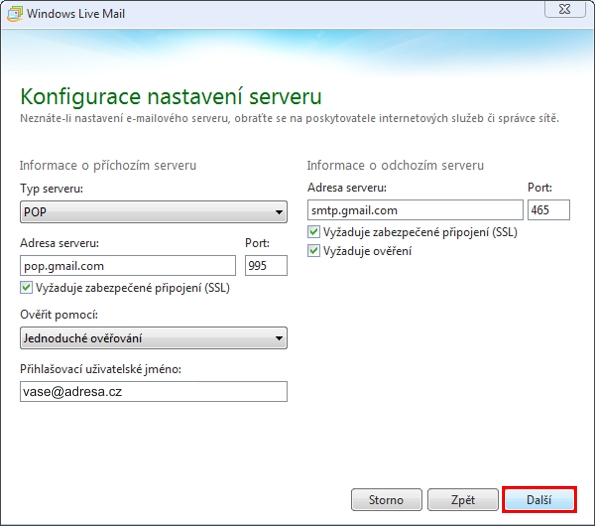 Windows Live Mail - nastavení POP